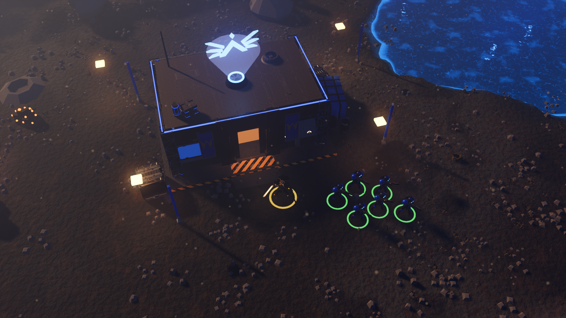 A human garrison with a glowing falcon emblem hologram beside a blue Voidwater lake