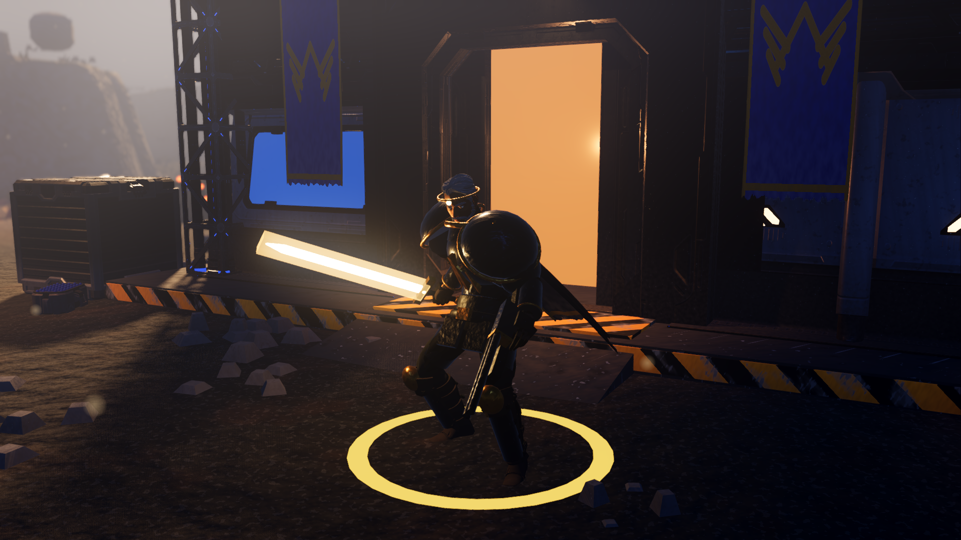 EXIOS work in progress: Prince Aurik with his glowing sunblade outside a human garrison