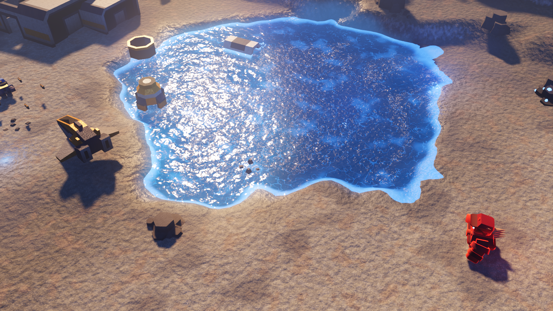 A glowing Voidwater lake at dusk